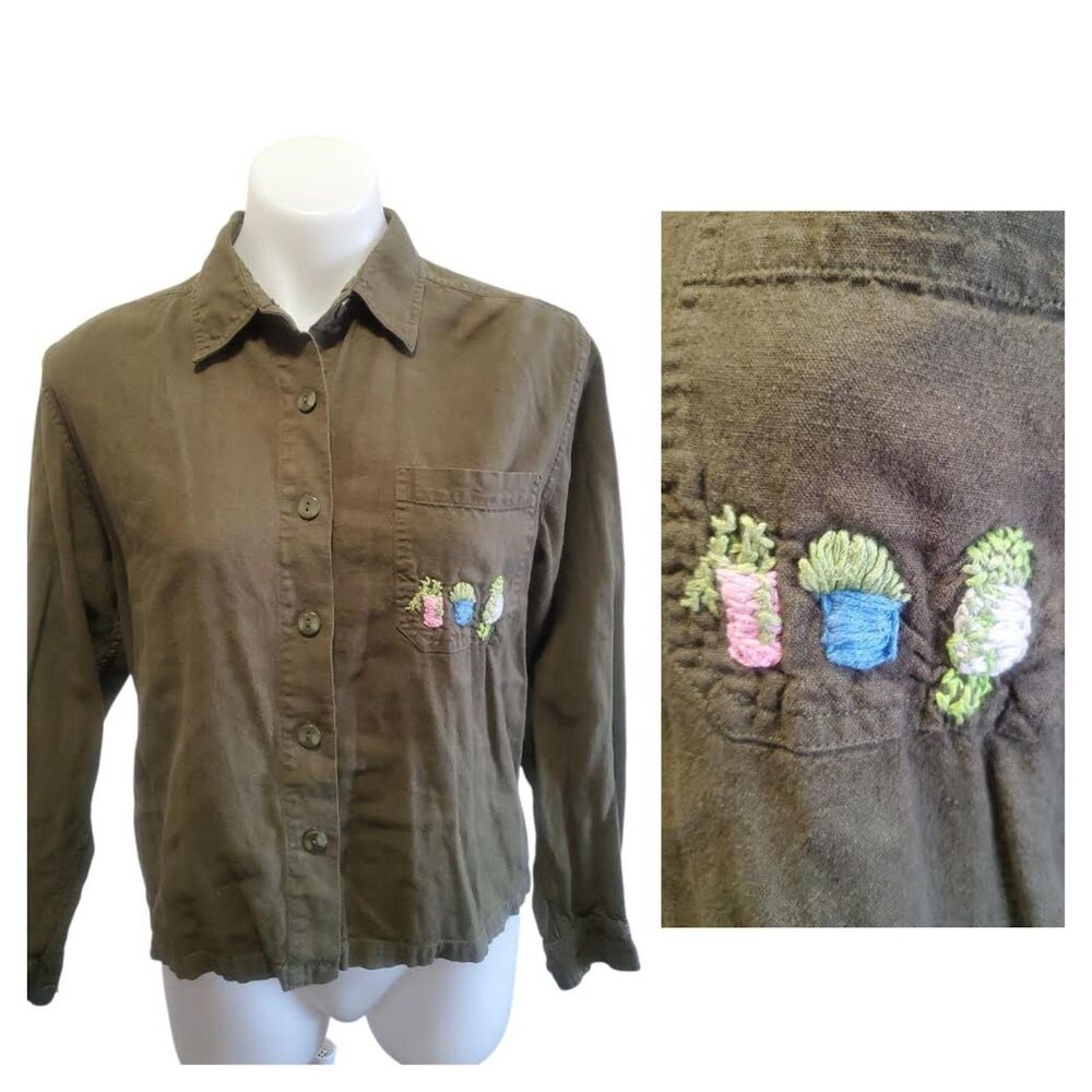 Whimsical Green House Plant Botanical Embroidered Button Front Linen Shirt Med